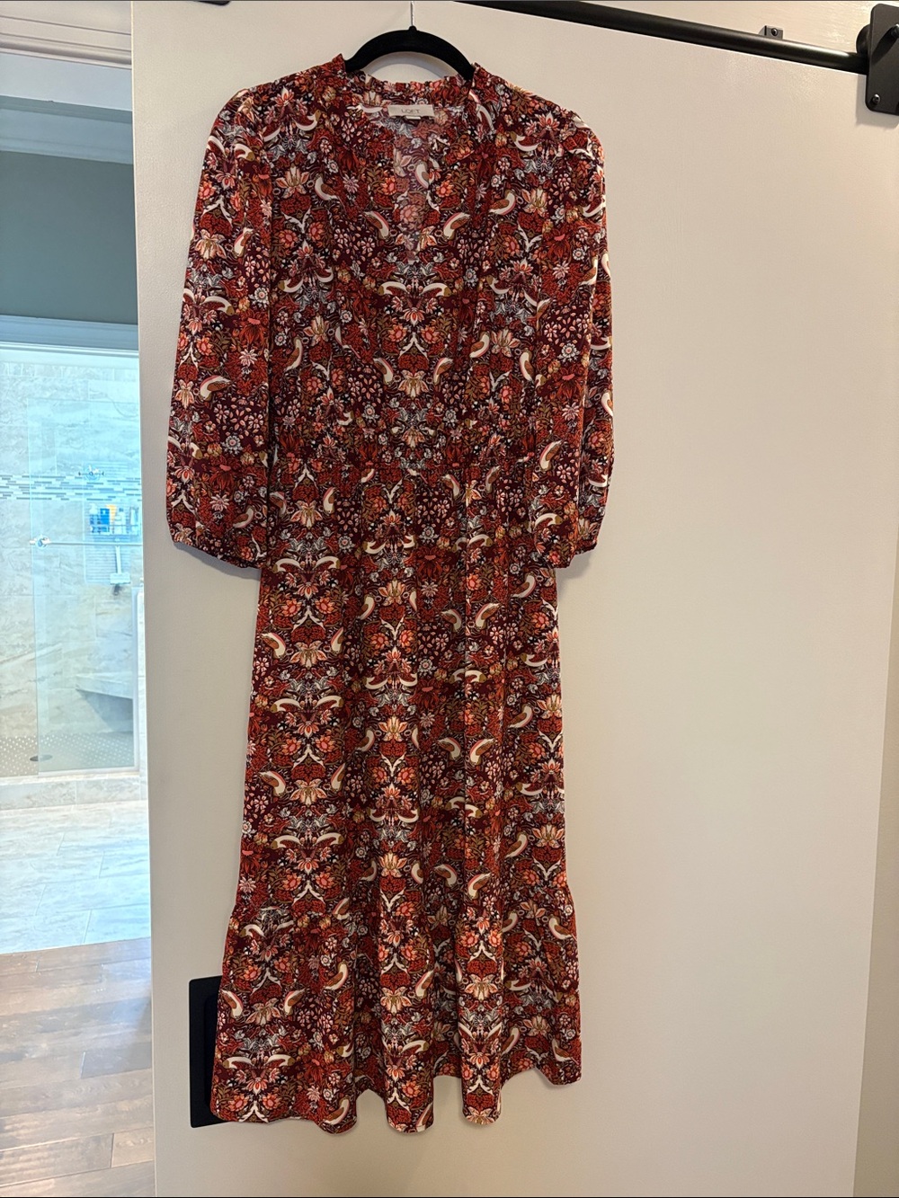 LOFT Red Paisley-Print Midi Dress